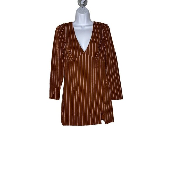 Privacy Please Woman's Curtis Mini Dress Brown Stripes Front Slit V-Neck SZ XXS‎ - Picture 2 of 9